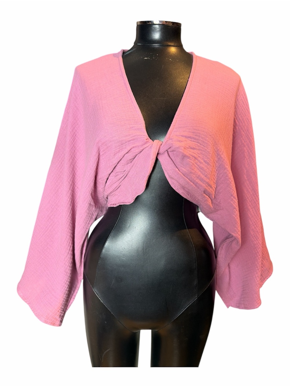NWT Commense Pink Tie Front Cropped Top Balloon Sleeve Gauze Boho Size M